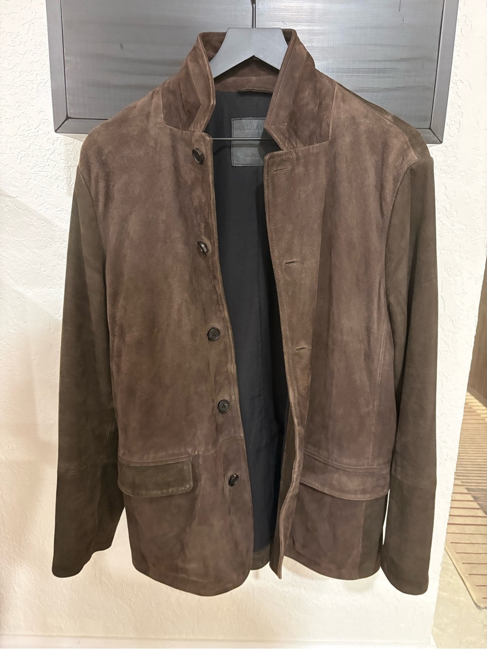 All Saints Men's Dark Brown Suede Button-Front Jacket